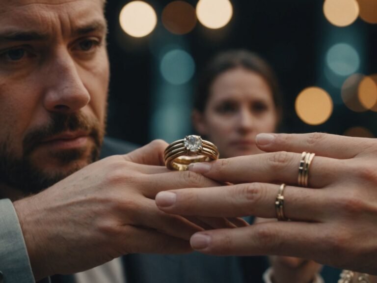 Man with wedding rings, sad women in background