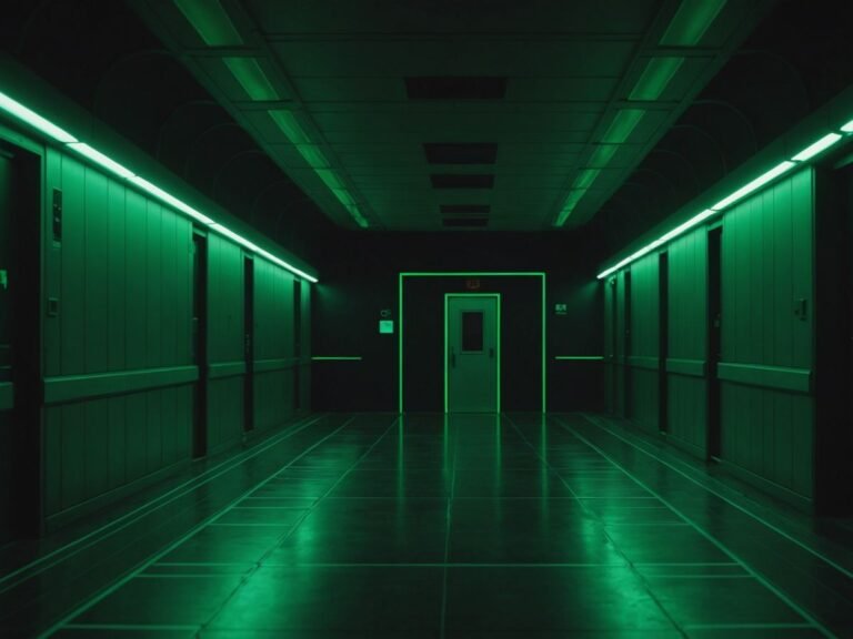 Spooky spaceship hallway with green lights, hinting at horror.