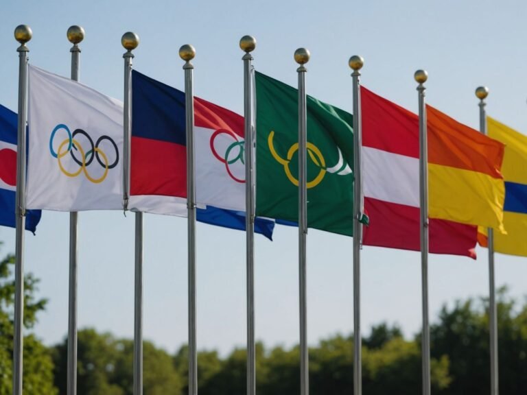 Flags of different countries with Olympic rings behind them.