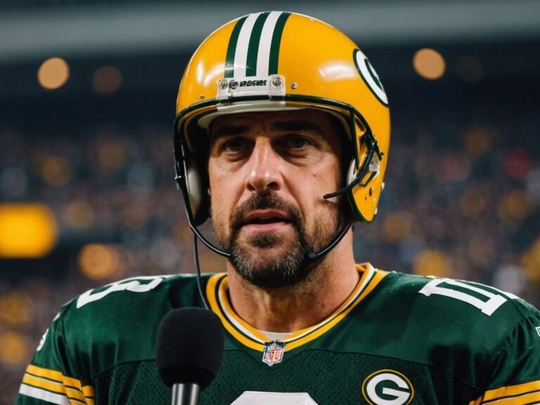 Aaron Rodgers speaking at a podium with intensity