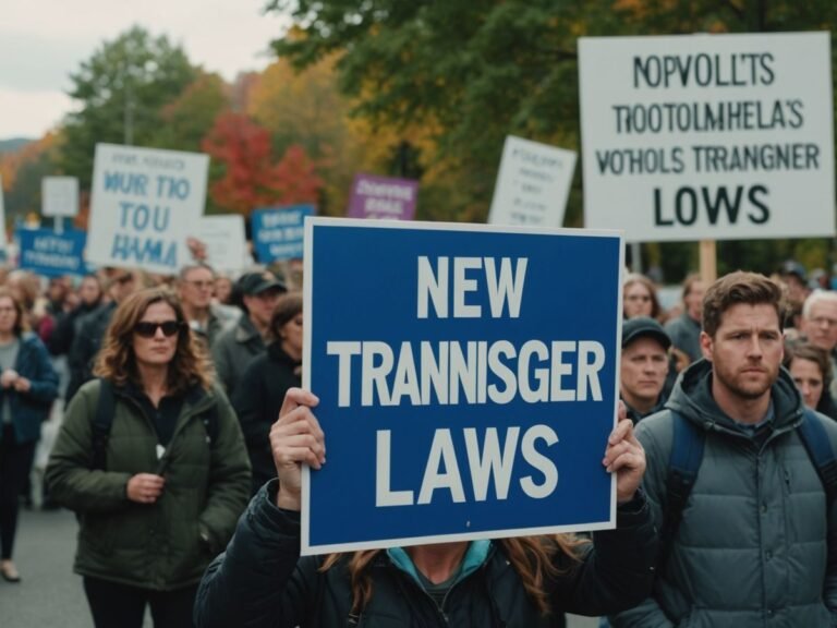 Protesters with signs opposing New Hampshire transgender youth sports laws