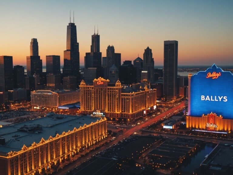 Bally's casino and Chicago skyline at sunset