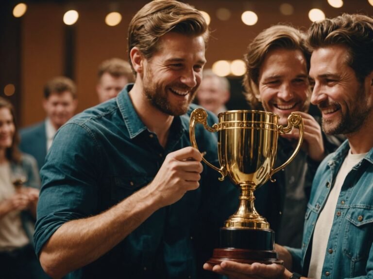 Joy and Sadness holding a trophy in celebration