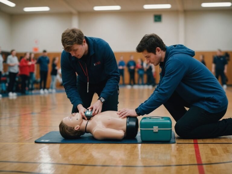 Students practicing CPR near AED in school gym