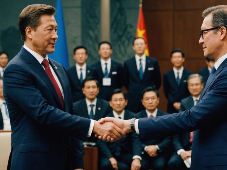 Kyrgyzstan and Interpol leaders shaking hands at summit