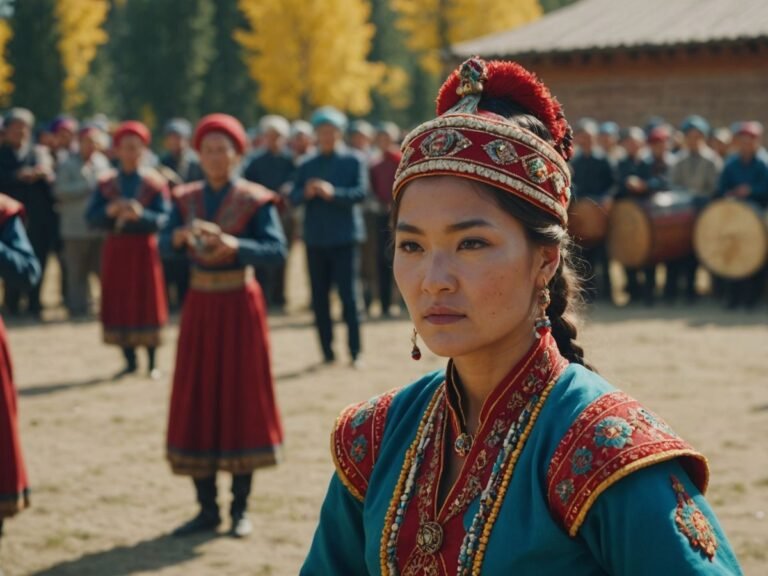 Kyrgyz dancers in colorful attire performing traditional dance.