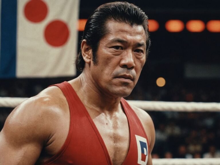 Antonio Inoki in wrestling gear with Japanese flag background.