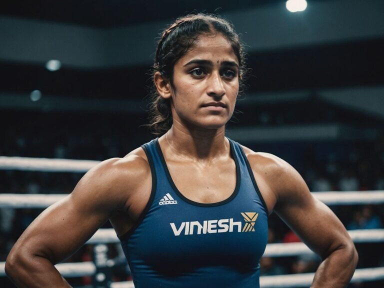 Vinesh Phogat with wrestling gear, determined and hopeful.