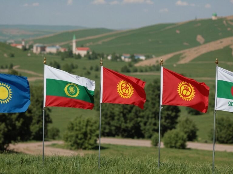 Kyrgyzstan and Uzbekistan flags with cultural symbols and people