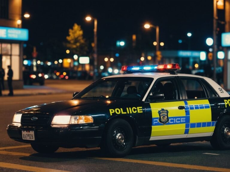 Police car at night with crime scene tape visible.