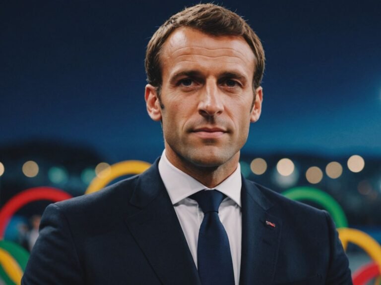 Macron with Olympic rings, hopeful for Paris 2024 Olympics