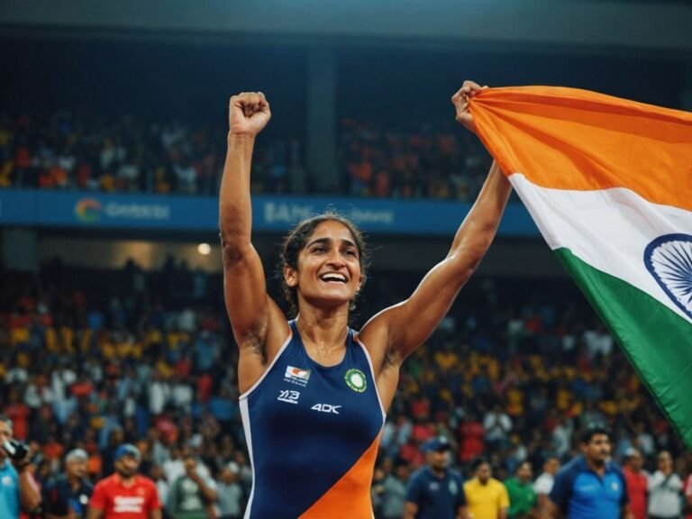 Vinesh Phogat celebrating victory holding Indian flag high