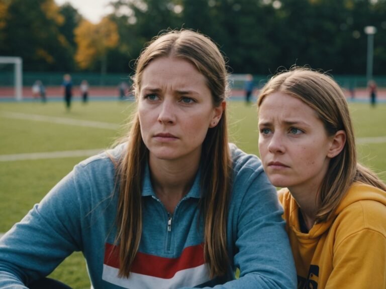 School staffer with daughter at sports field, looking concerned.