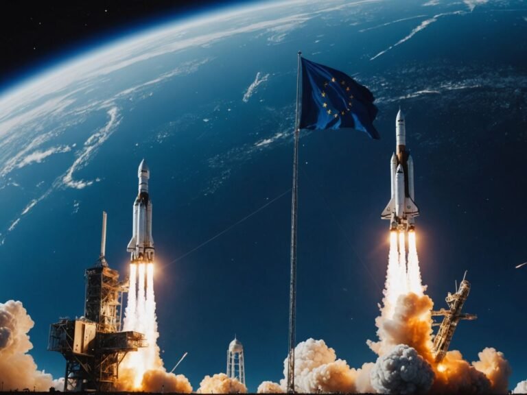 Rocket launch with European flag in background