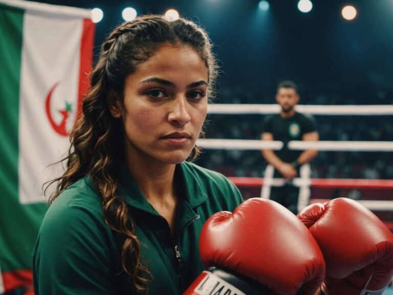 Imane Khelif boxing, Algerian flag visible in background