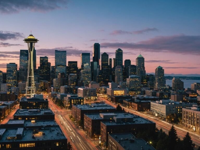 Seattle skyline with Mayor's image and office buildings