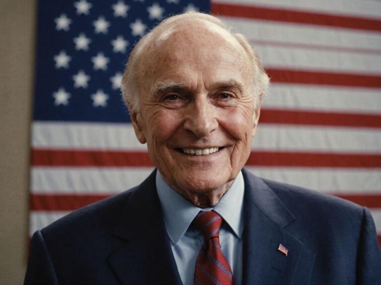 Herb Kohl smiling in suit with American flag background